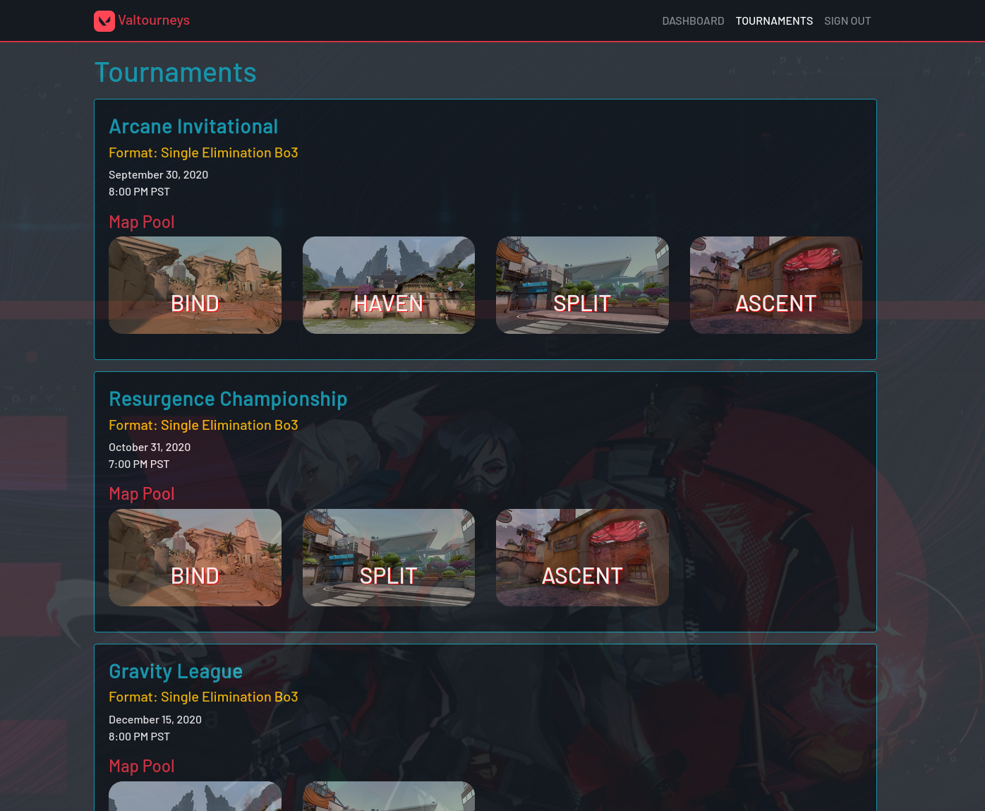 Tournaments page screenshot